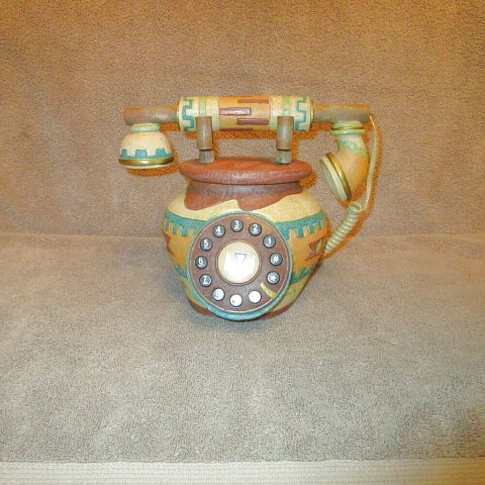 Vtg Southwestern Art Pottery Telephone Push Button Decorative Hand Painted 80s